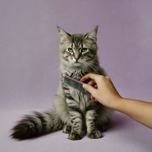 A long-haired cat being brushed